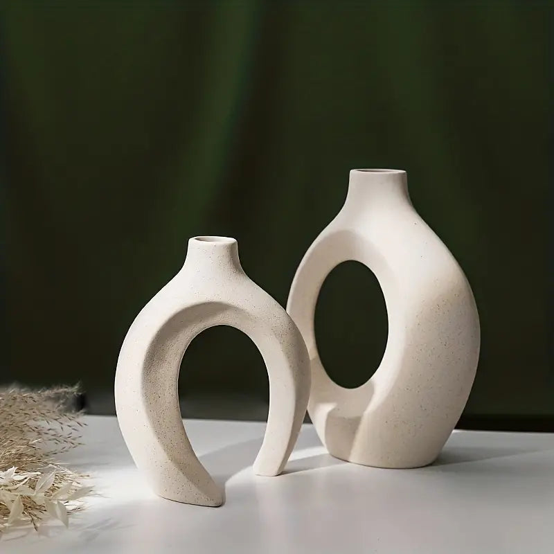 Set of 2 White Ceramic Vases - Modern Boho Decor