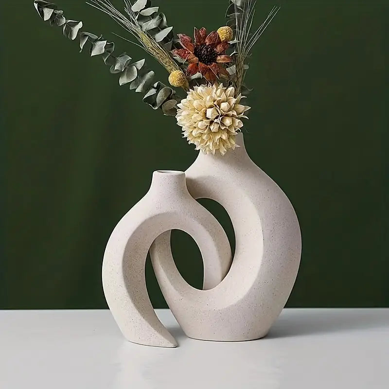 Set of 2 White Ceramic Vases - Modern Boho Decor