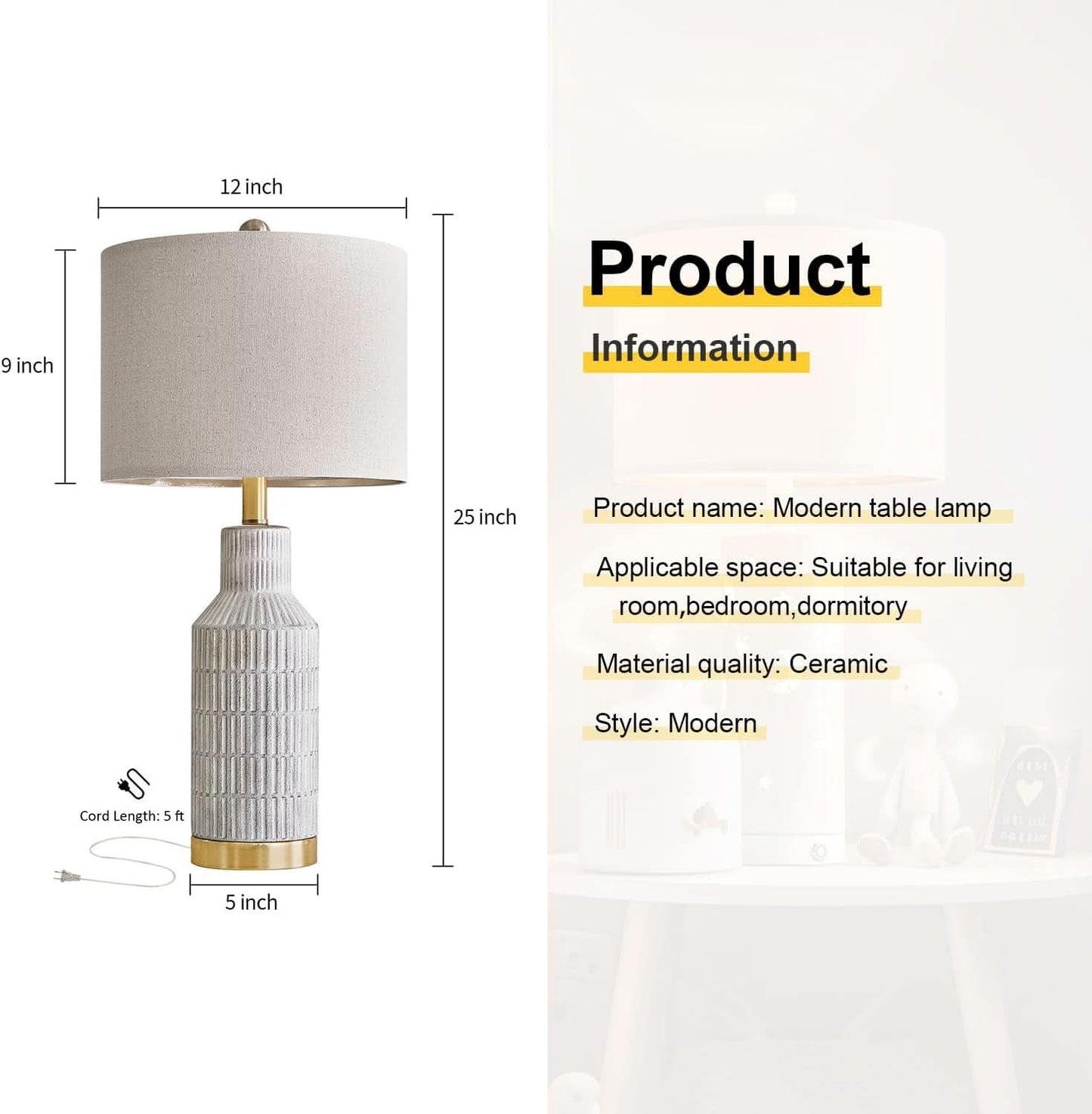 25-Inch White Washed Ceramic Contemporary Table Lamps